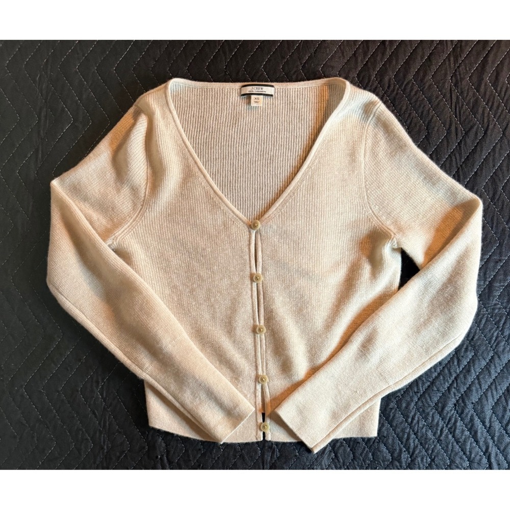 J.Crew Cashmere V-Neck Cardigan Womens XS Beige Ribbed Knit Button Up